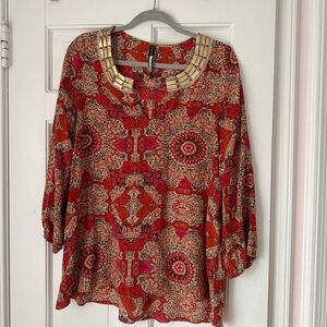 Plenty Tracy Reese Red & Orange Silk Tunic Top with Embellished Neckline Size M